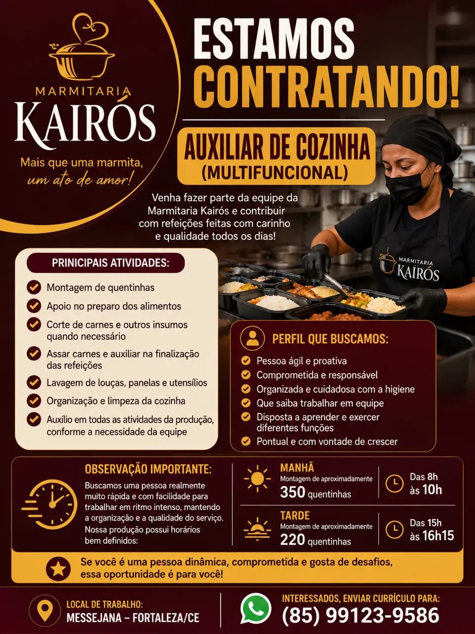 VAGA AUXILIAR DE COZINHA E PRODUÇÃO