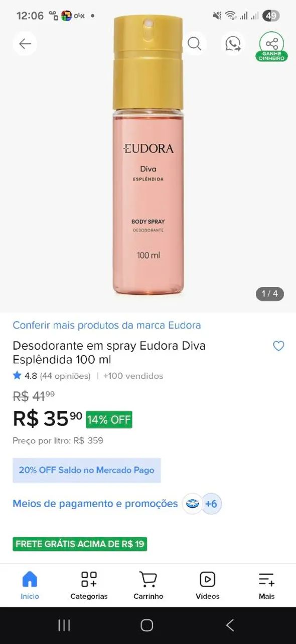 Eudora diva esplêndida desodorante body spray 100ml