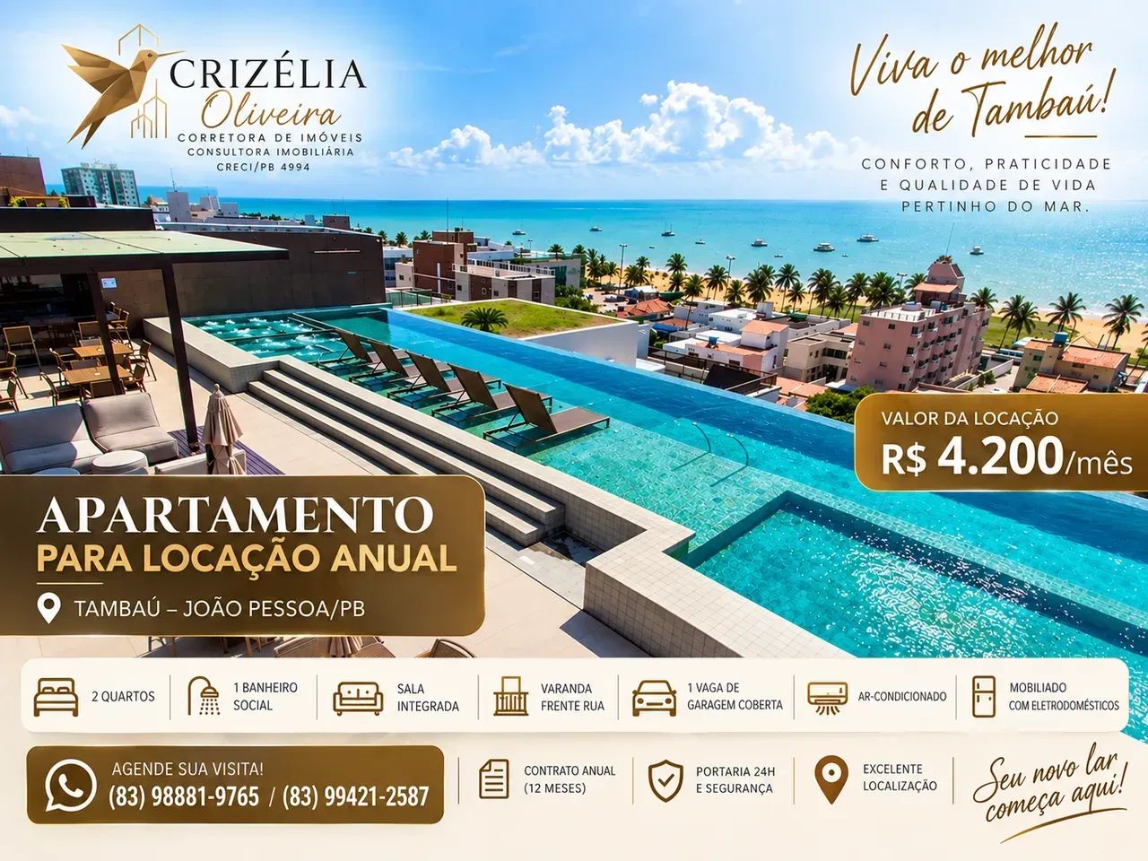Apartamento mobiliado com 2 quartos e varanda em Tambaú  R$ 4.200