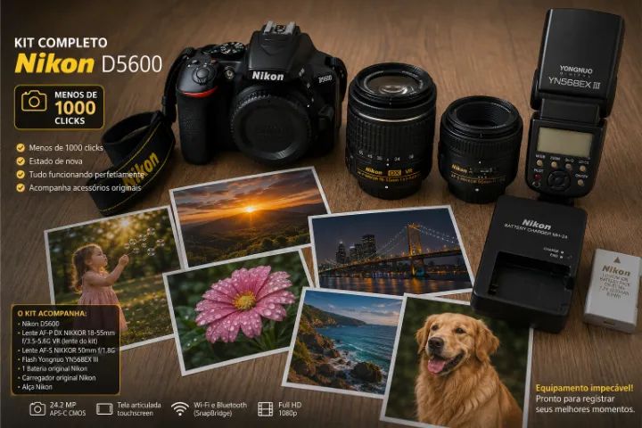 CÂMERA Nikon D5600 + LENTES 18-55 VR + 50mm f/1.8G + Flash | Menos de 1.000 Cliques Nova