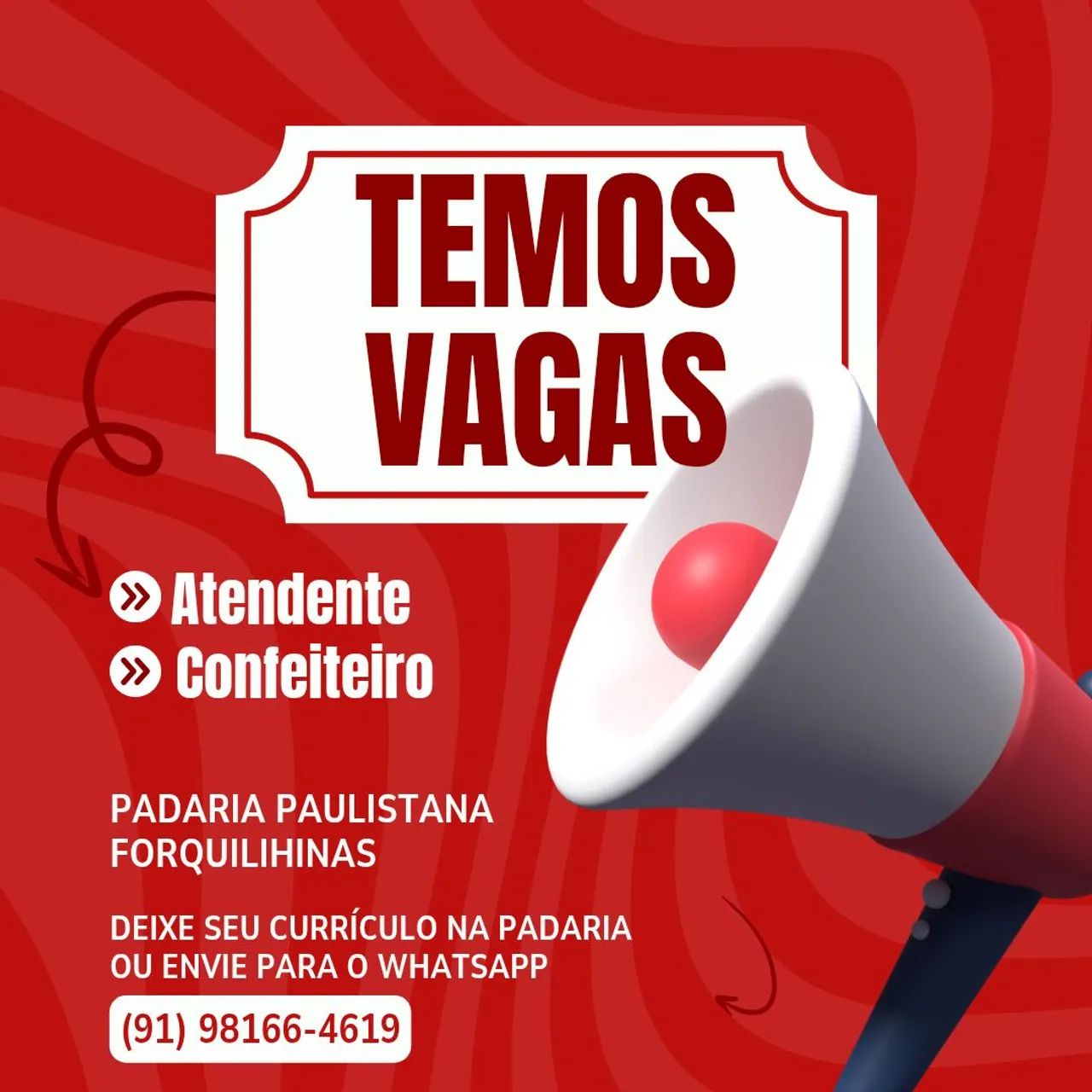 VAGAS ABERTAS PADARIA PAULISTANA 