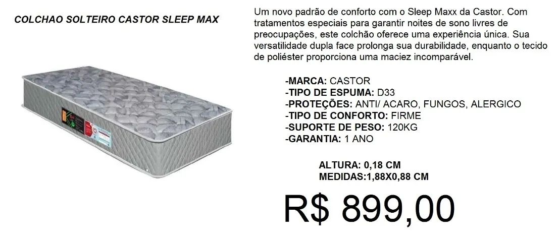 Colchão de espuma solteiro castor 