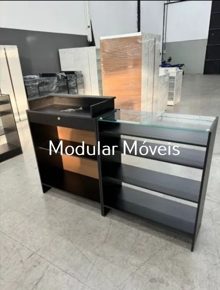 Balcão Caixa + Balcão Vitrine Preto com Vidro Superior - MDF Preto