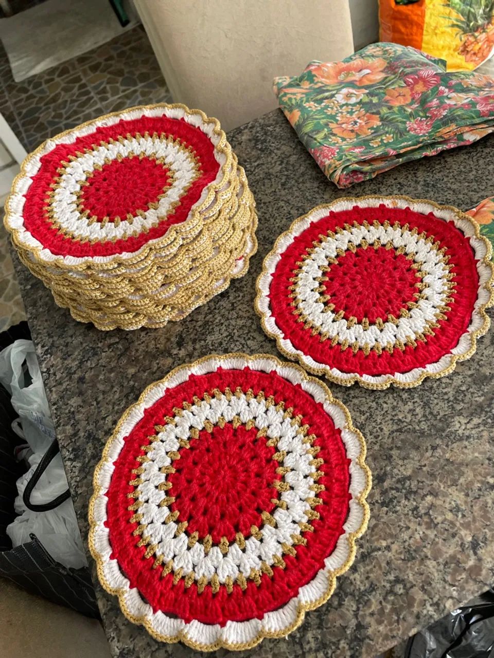 22 unidades Jogo Americano Crochê Vermelho e Branco