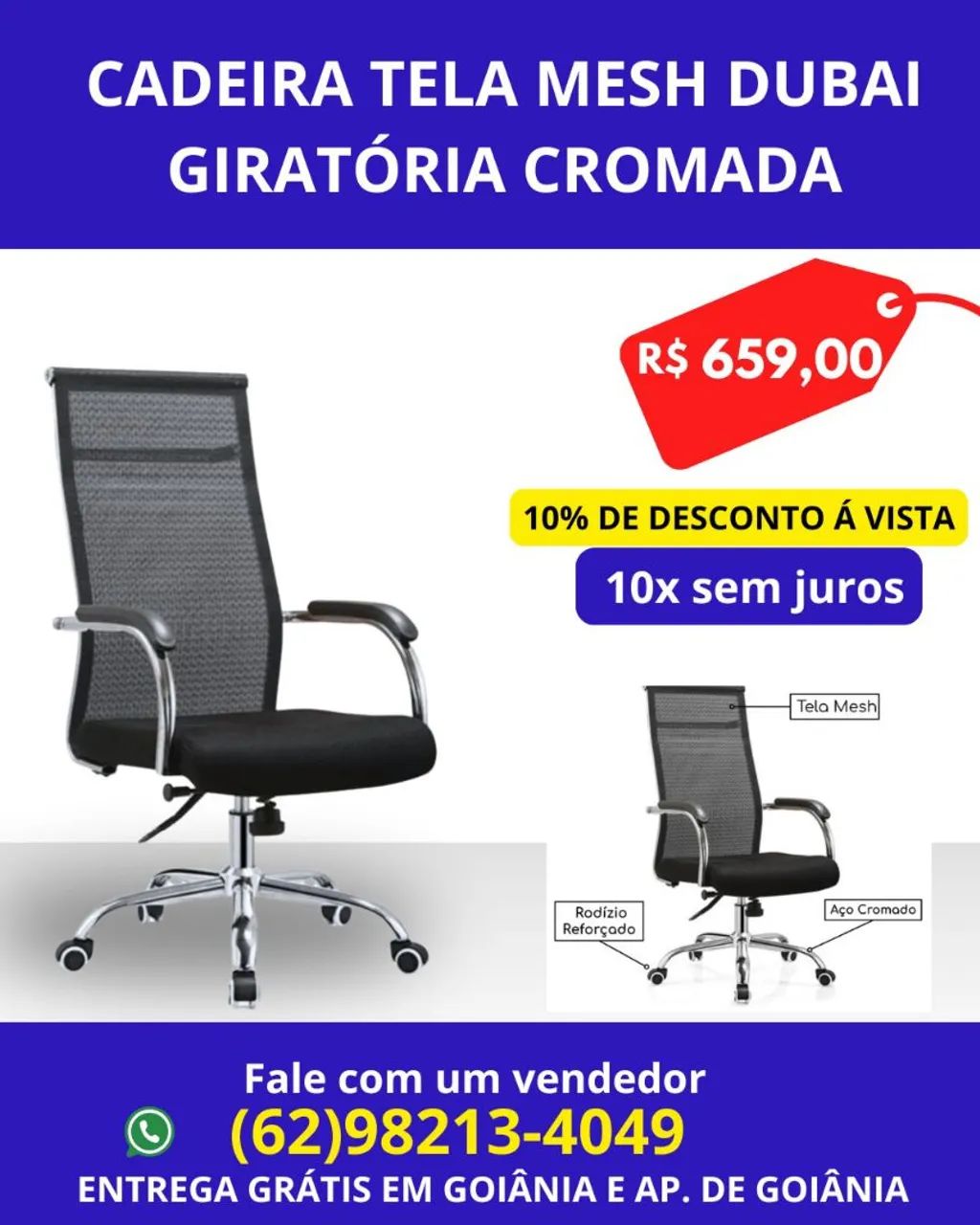 Cadeira de escritório  Tela Mesh Giratória Cromada Dubai