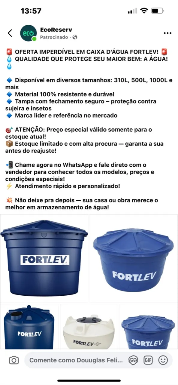 Caixa d'água FORTLEV - Oferta Imperdível!