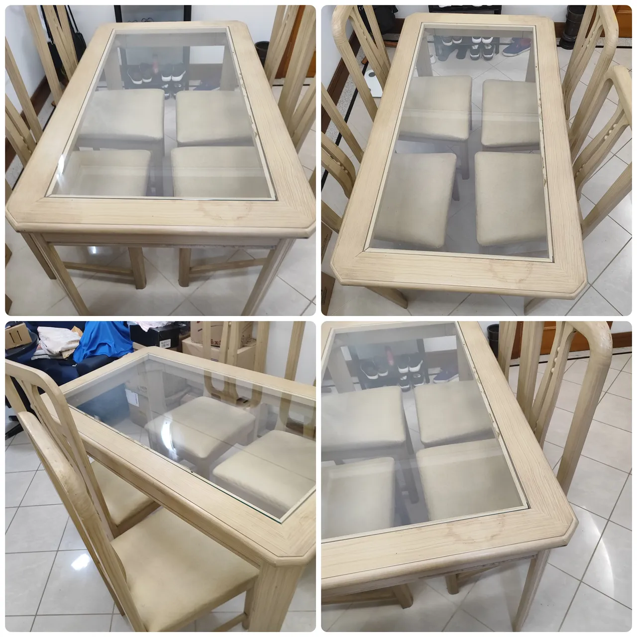 Mesa de Jantar  madeira com tampo de vidro e 4 cadeiras .