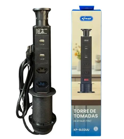 Torre De Tomada Retrátil Embutir Multiplug 2 Tomadas + 2 Usb