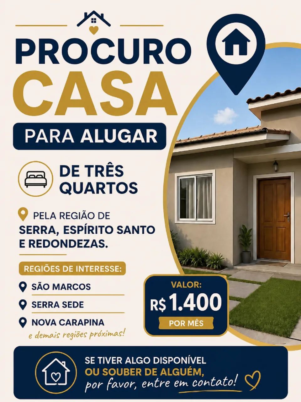 Casa ou Apartamento de 3 quartos Procuro