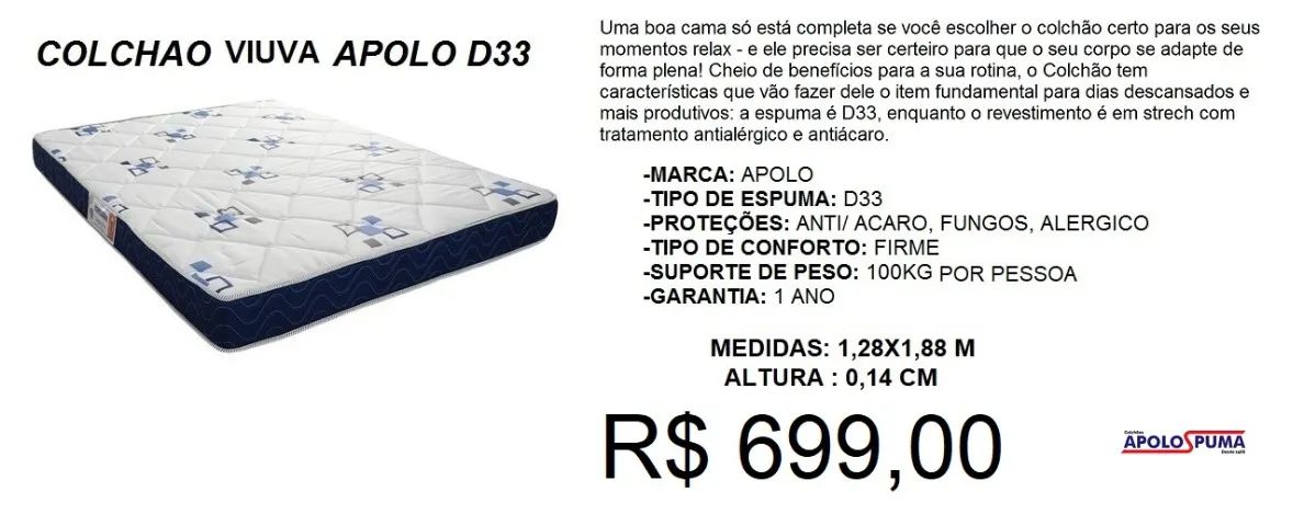 Colchão viuva D33 Oferta imperdível