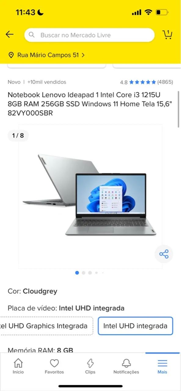 Notebook Lenovo Ideapad 1 Intel Core i3 1215U 8GB RAM 256GB SSD