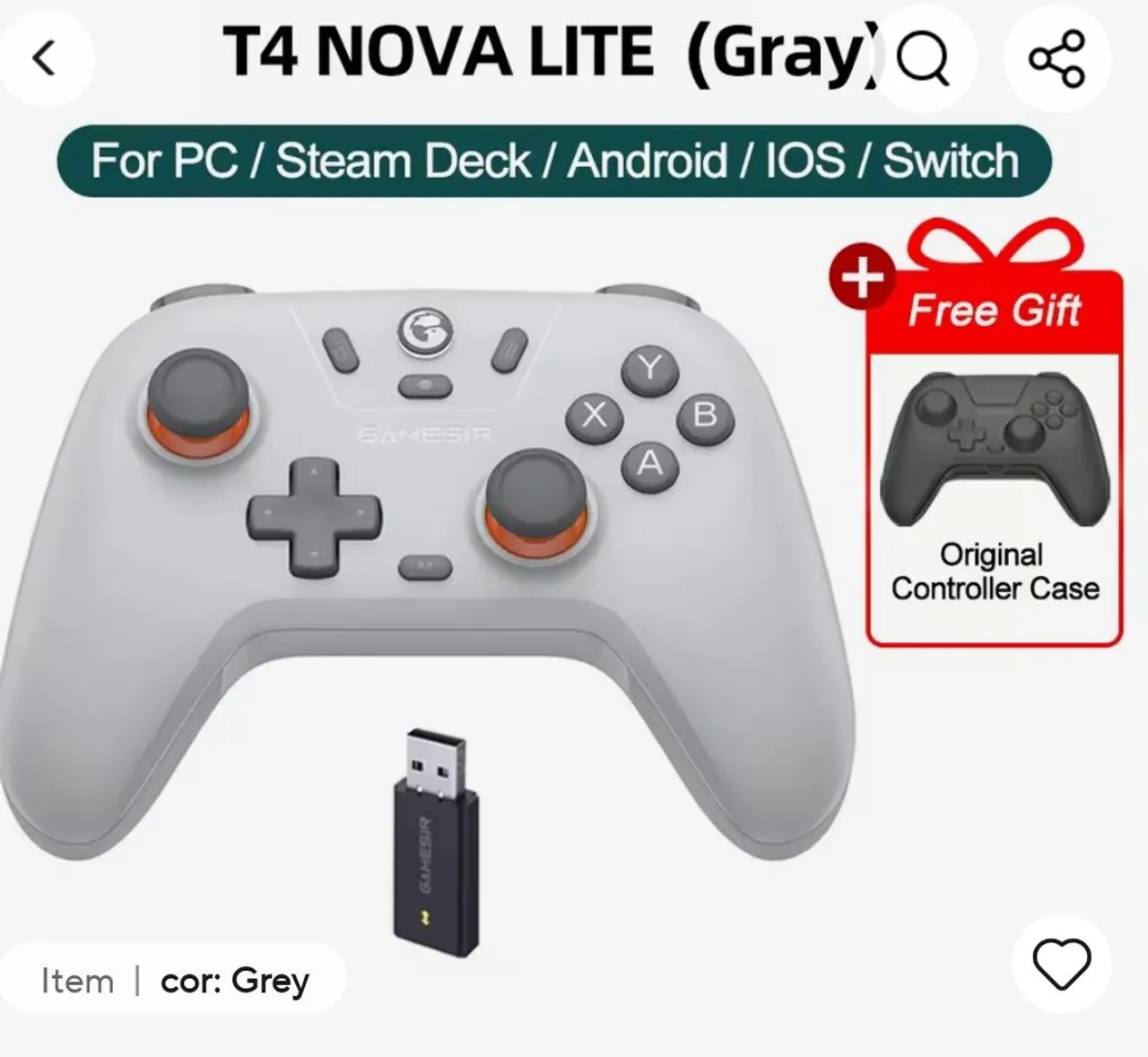 Controle Gamesir T4 Nova Lite (Cinza) - PC/Steam Deck/Android/IOS/Switch