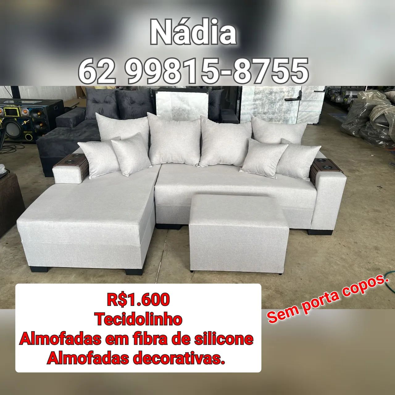 Sofá d Tecido Linho e Almofadas Decorativas
