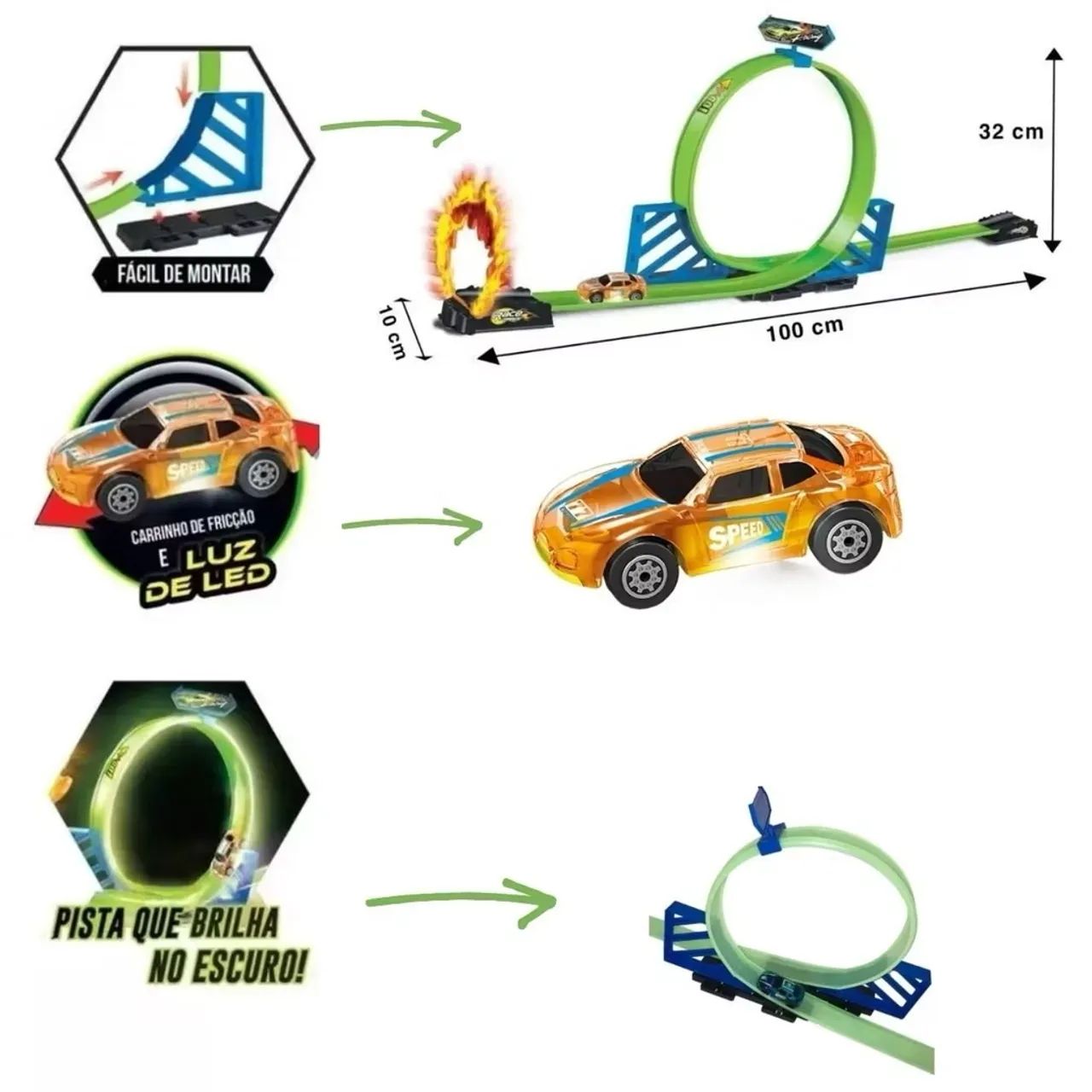 Pista de Carrinhos Brinquedo Speedster Neon Looping Com Luz LED Brilha No Escuro - Foto 2