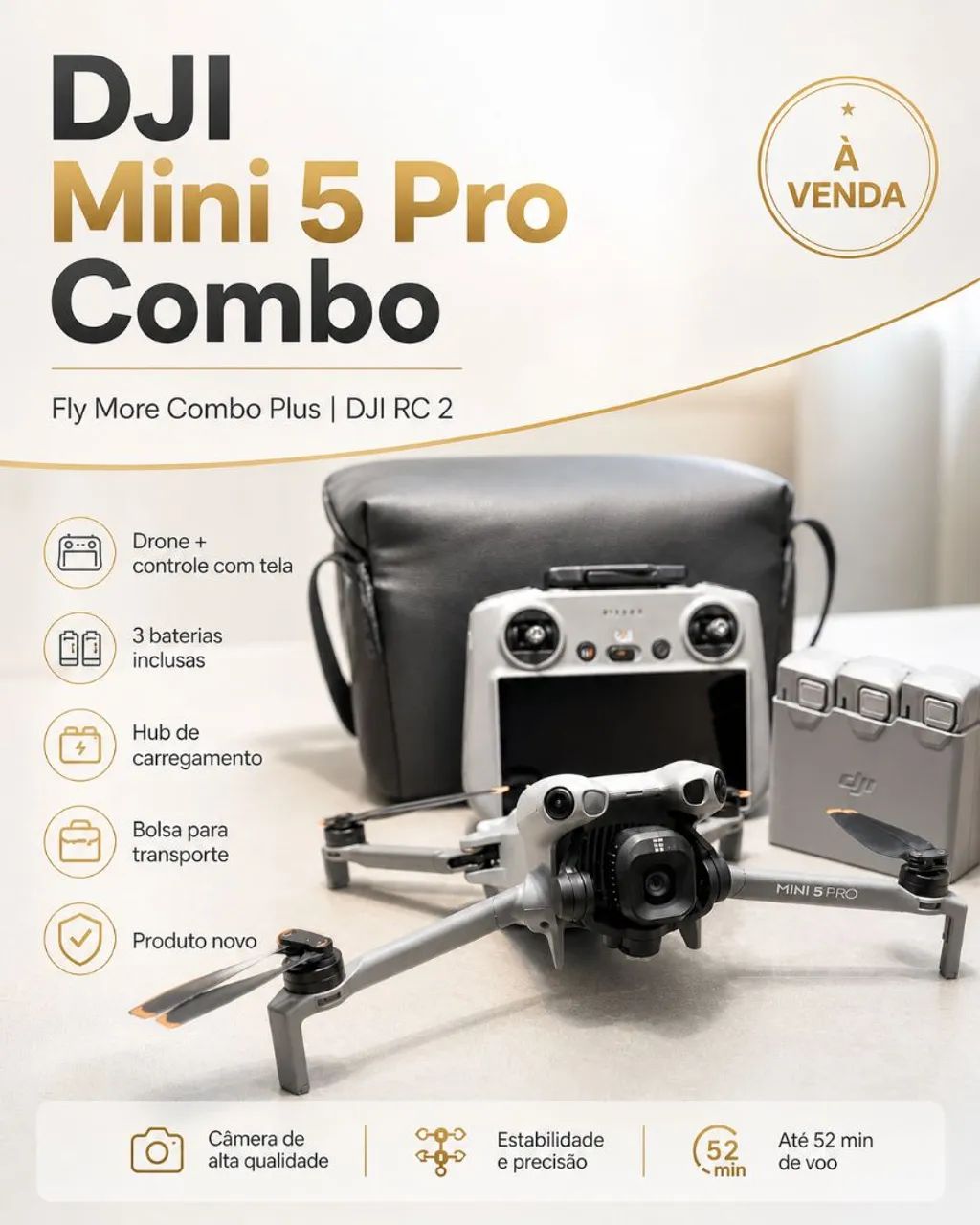 Drone DJI Mini 5 Pro Fly More Combo Plus com DJI RC 2<br>Descrição