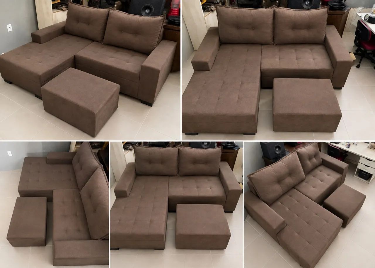 Jogo de Sofá de canto com almofadas seminovo chaise e puf 