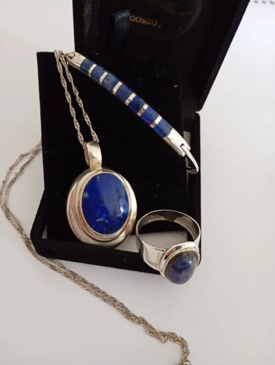 Conjunto Prata 950 anel, colar e pulseira Lápis lazuli Natural 