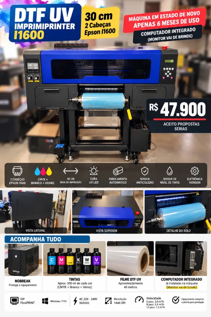 DTF UV IMPRIMIPRINTER I1600 - 30 CM - COMPLETA Branco e Verniz