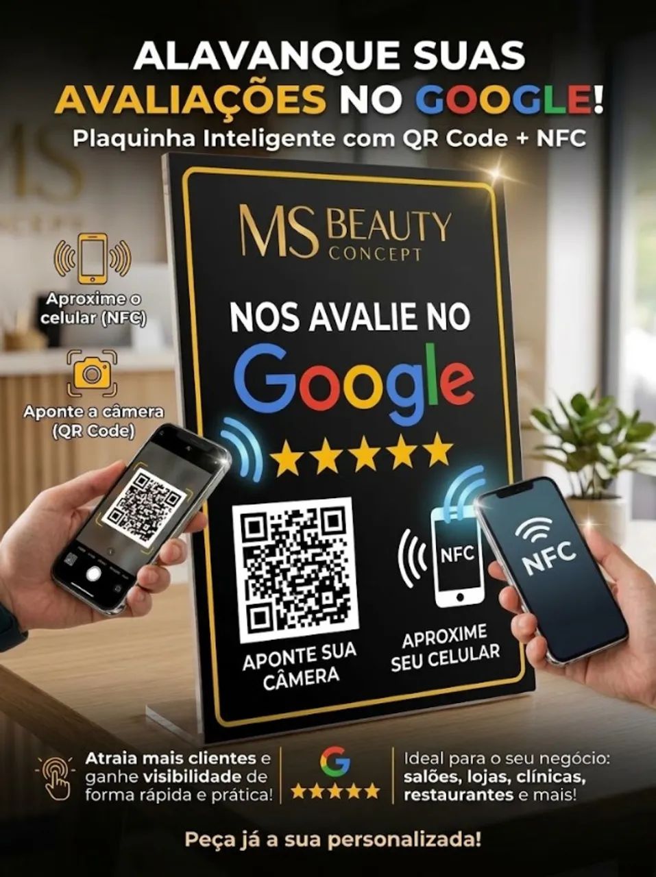 Plaquinha de Avaliação Google Inteligente (NFC + QR Code) - Personalizada