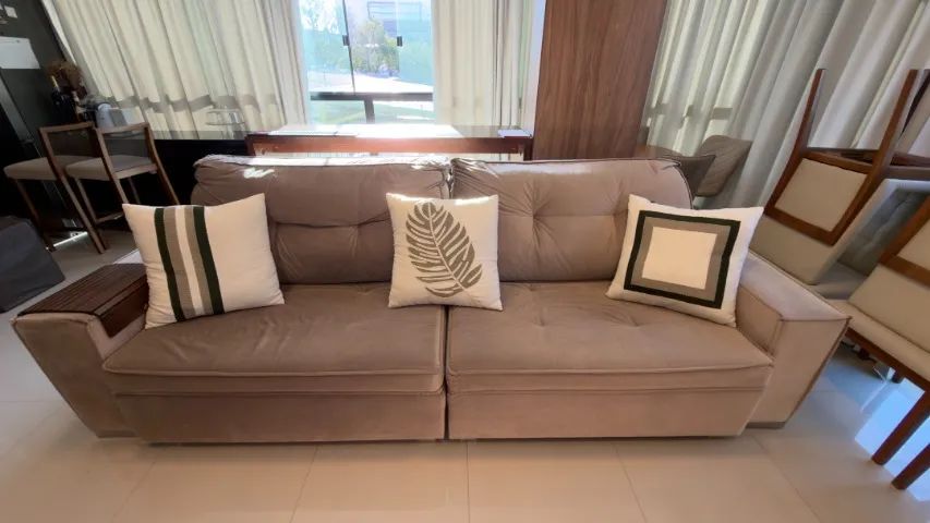 Sofá Retrátil e Reclinável 2,87m Suede Bege 4 Lugares com Bandeja de Braço - Foto 4