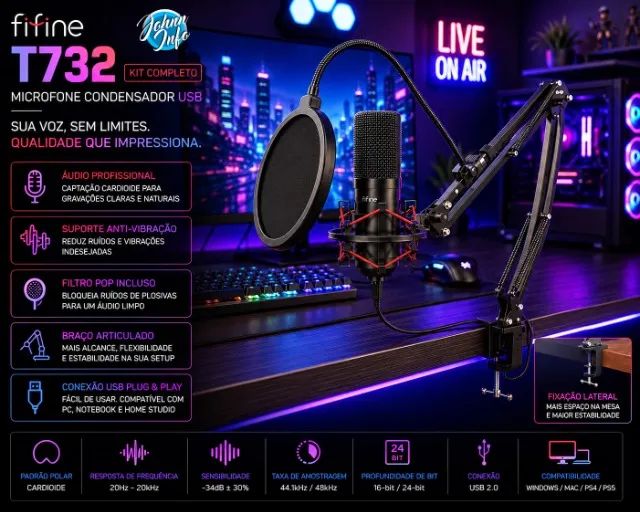 Kit Microfone Condensador Fifine T732 Usb, Braço Articulado