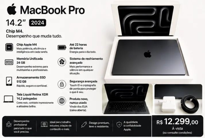 ZERADO MacBook Pro 2024 M4 14.2 polegadas, Azul Meia Noite, 24 Gb -512 Gb SSd CAIXA ABERTA