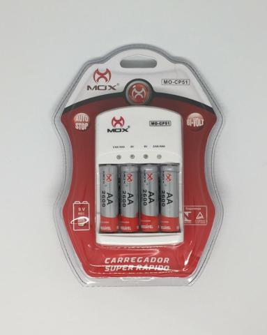 Carregador Mox com 4 Pilhas AA Recarregáveis 2600mA Original e Lacrado