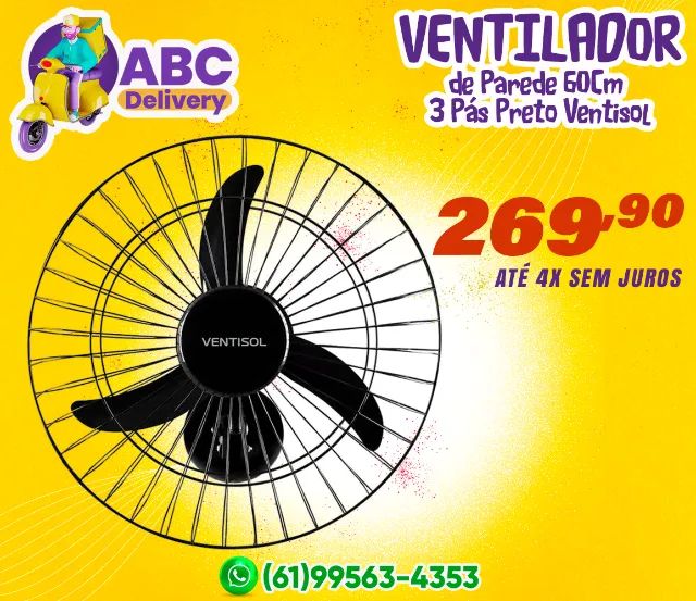 Ventilador de Parede 60Cm 3 Pás Preto Ventisol