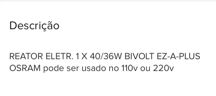 Reator eletrônico T10 1 x 40W ou T8 36W OSRAM lâmpadas fluorescentes 127v ou 220v - Foto 3