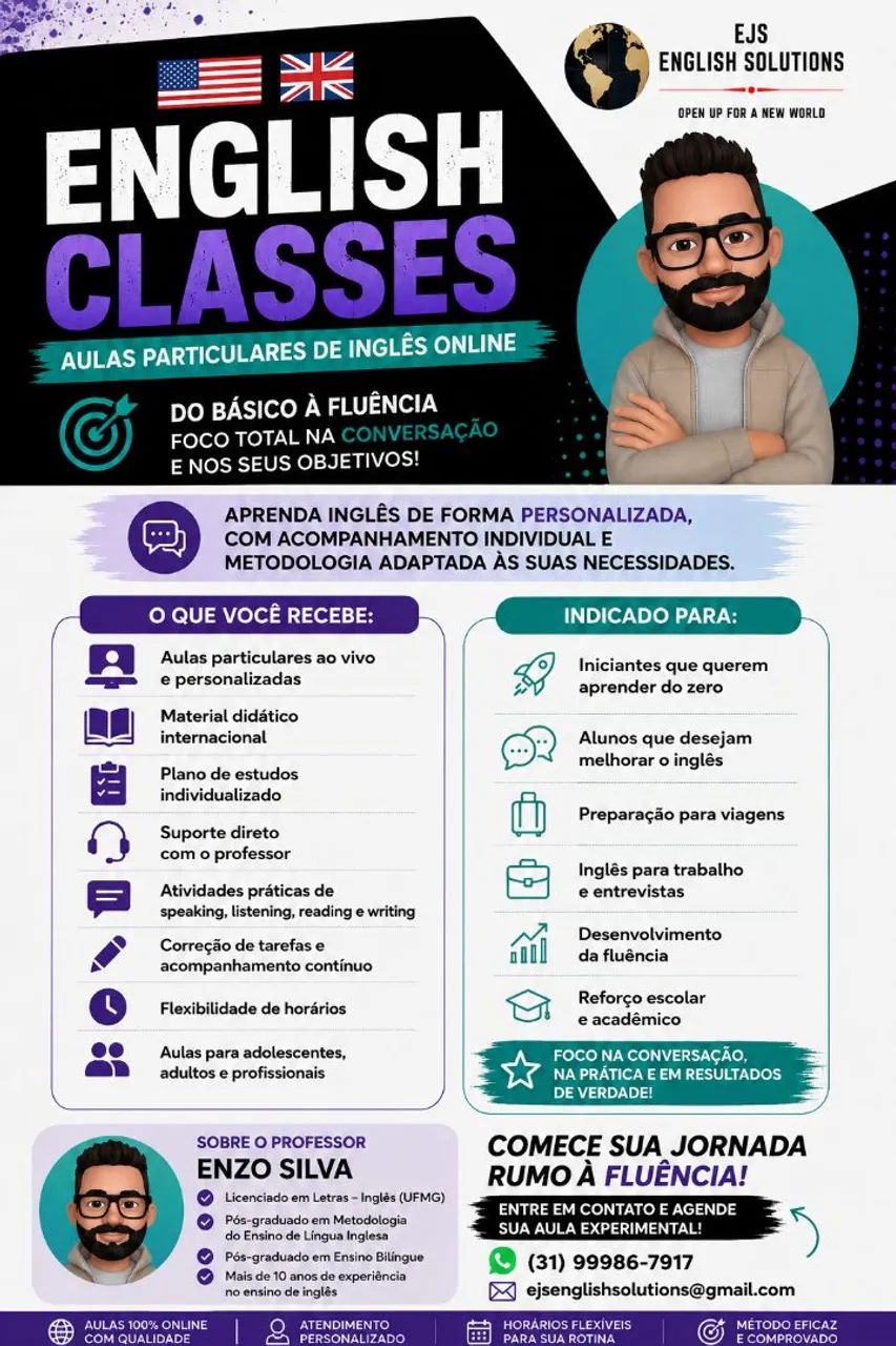 Aulas Particulares de Inglês Online / Conversação, Reforço e Fluência