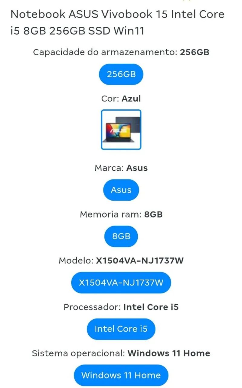 NOVÍSSIMO, NOTEBOOK ASUS VIVOBOOK 15 INTEL CORE I5 8GB DE RAM 256GB SSD WINDOWS 11