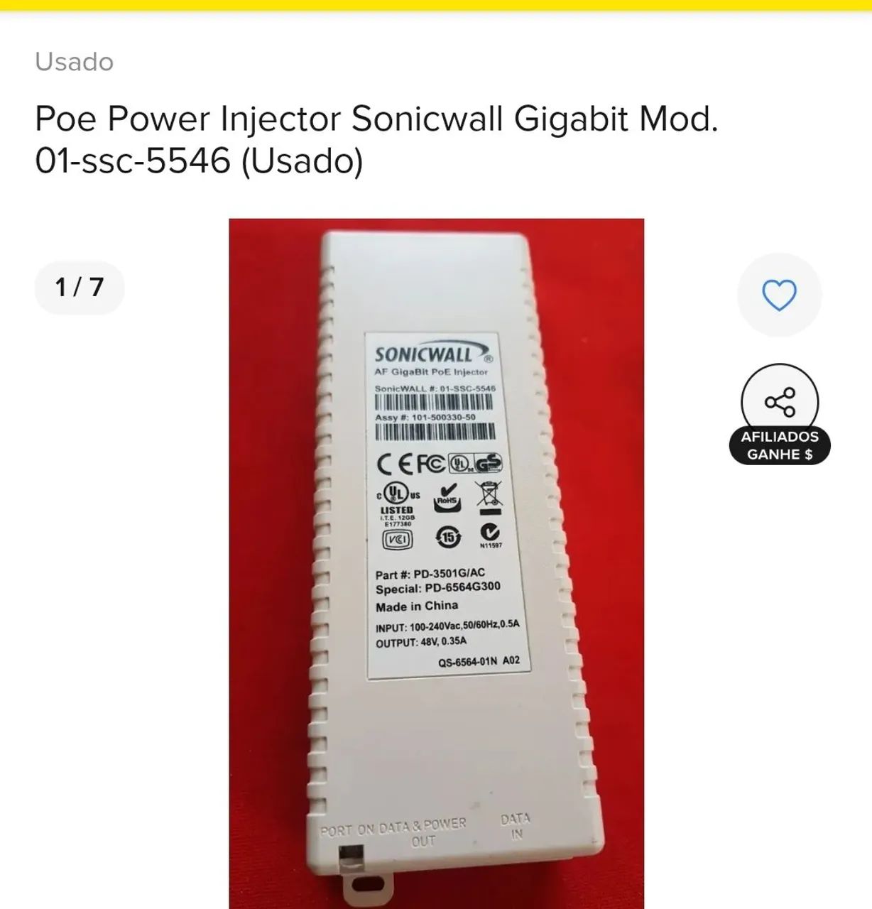 PoE Power Injector SonicWall Gb - Mod. 01-SSC-5546 - Original - Foto 5