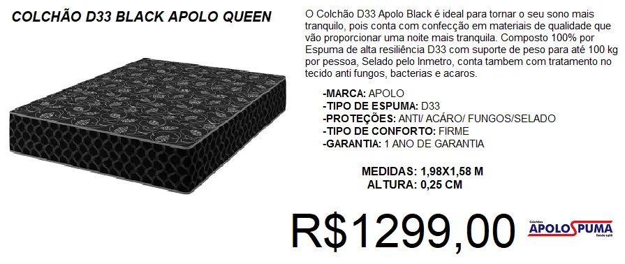 COLCHÃO- D33 - BLACK - COMPRE HOJE E RECEBA EM ATÉ 72 HORAS 