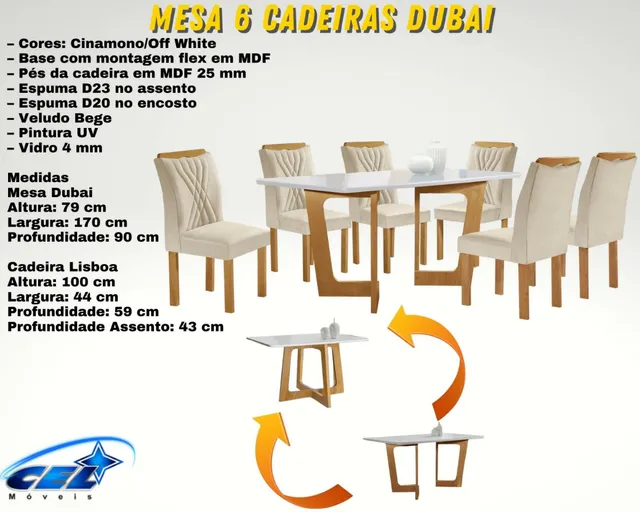 Mesa 6 cadeiras dubai levo hoje