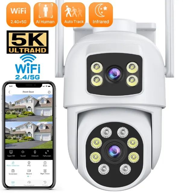 Câmera Segurança Dupla/Onvif/Camera Fixa + Móvel/Zoom/Visão Noturna/Resistente a Chuva,Sol