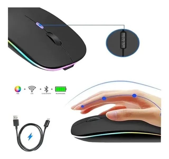 Mouse Sem Fio Bateria Recarregável Wireless 2.4ghz e Bluetooth Led Rgb - Foto 6
