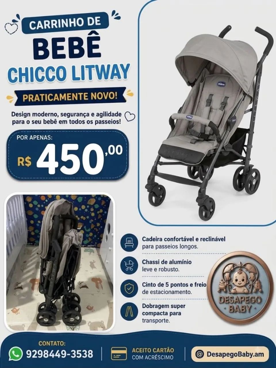 ? Carrinho de Bebê Chicco Litway - Praticamente Novo!