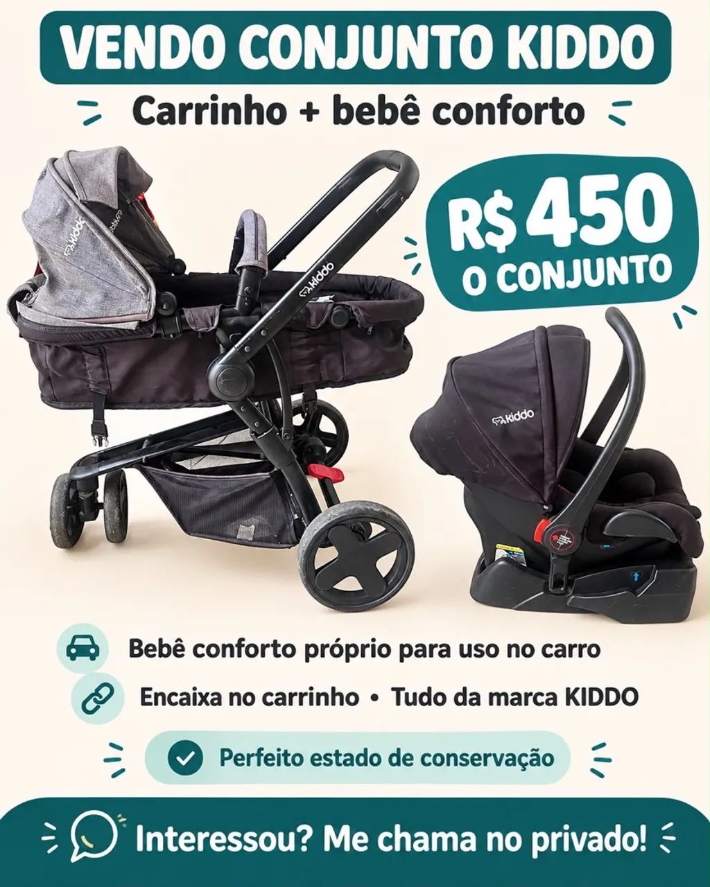 Carrinho e bebê conforto kiddo 