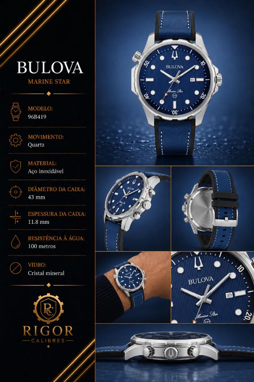Relógio Bulova Marine Star 96B419  - Mostrador Texturizado Pulseira Couro e Silicone - Foto 5