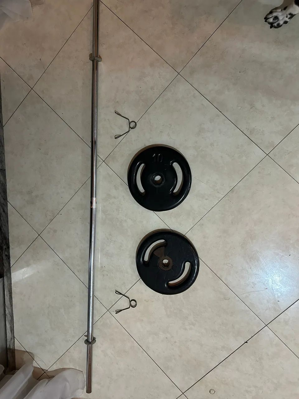 Uma barra cromada e 2 Anilhas de 10kg com presilhas 