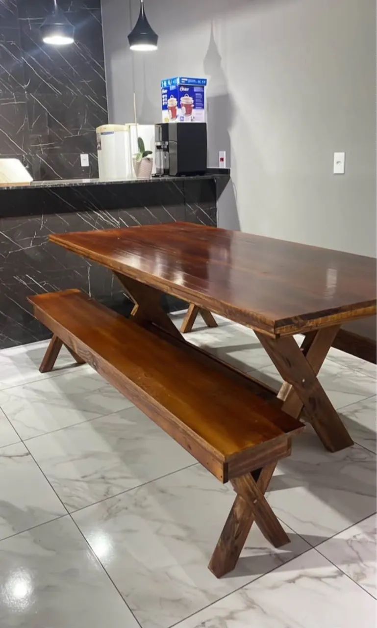 Mesa rústica de madeira com bancos maciça  - Foto 5