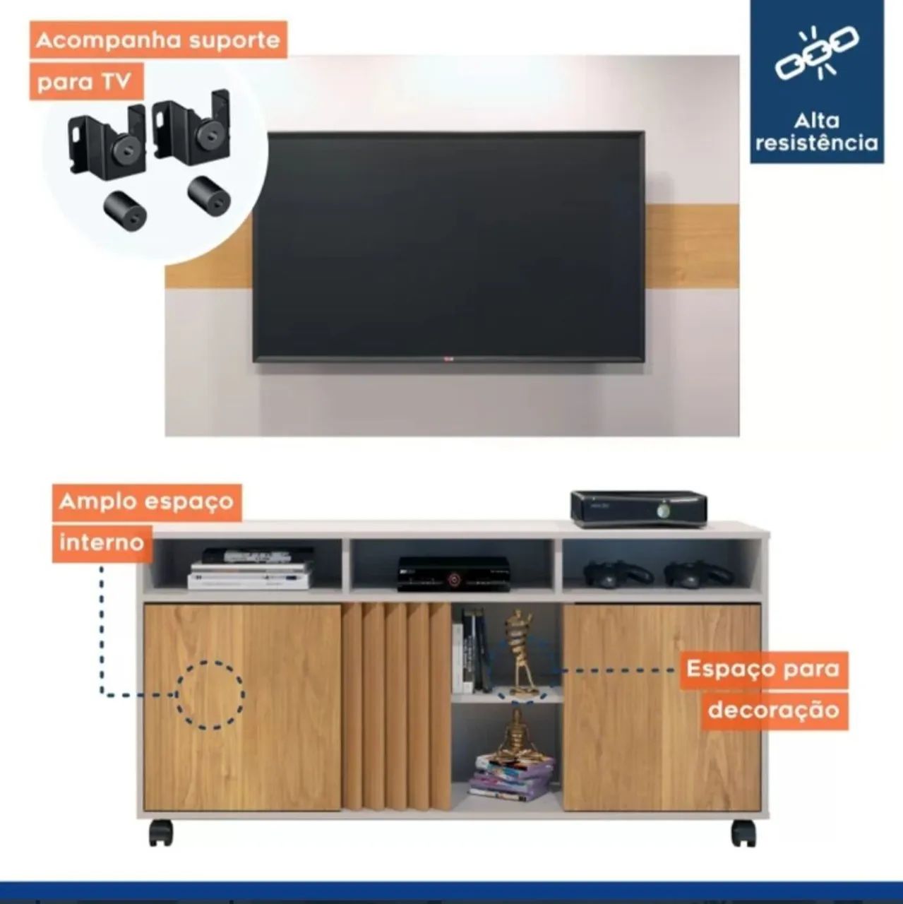 Rack com Painel Viena Tv Até 55 Polegadas C/ Rodízios Valdemoveis Off/Cinamomo <br> - Foto 3