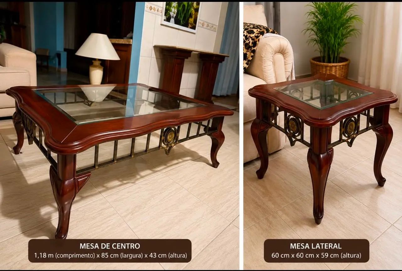 Conjunto de Mesa de Centro + Mesa Lateral Clássicas em Madeira Maciça com Tampo de Vidro