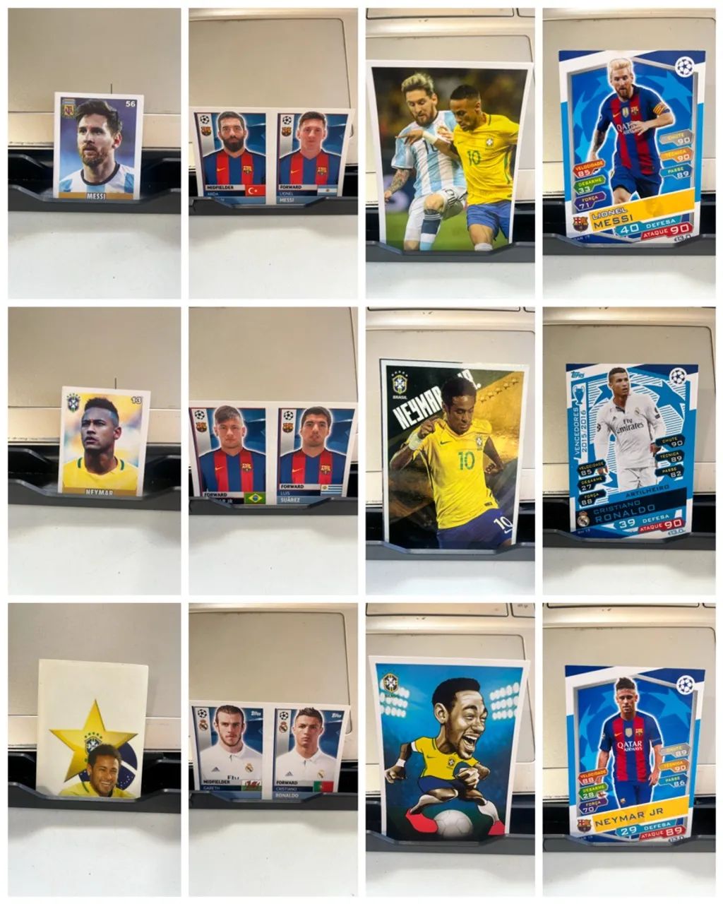 LOTE DE FIGURINHAS E CARDS COM MESSI, CRISTIANO RONALDO E NEYMAR
