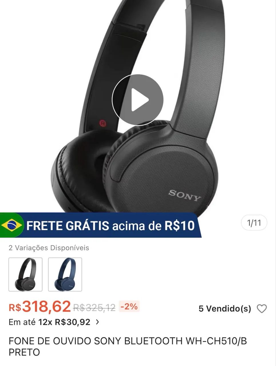 HEADSET FONE SONY BLUETOOTH WH-CH510