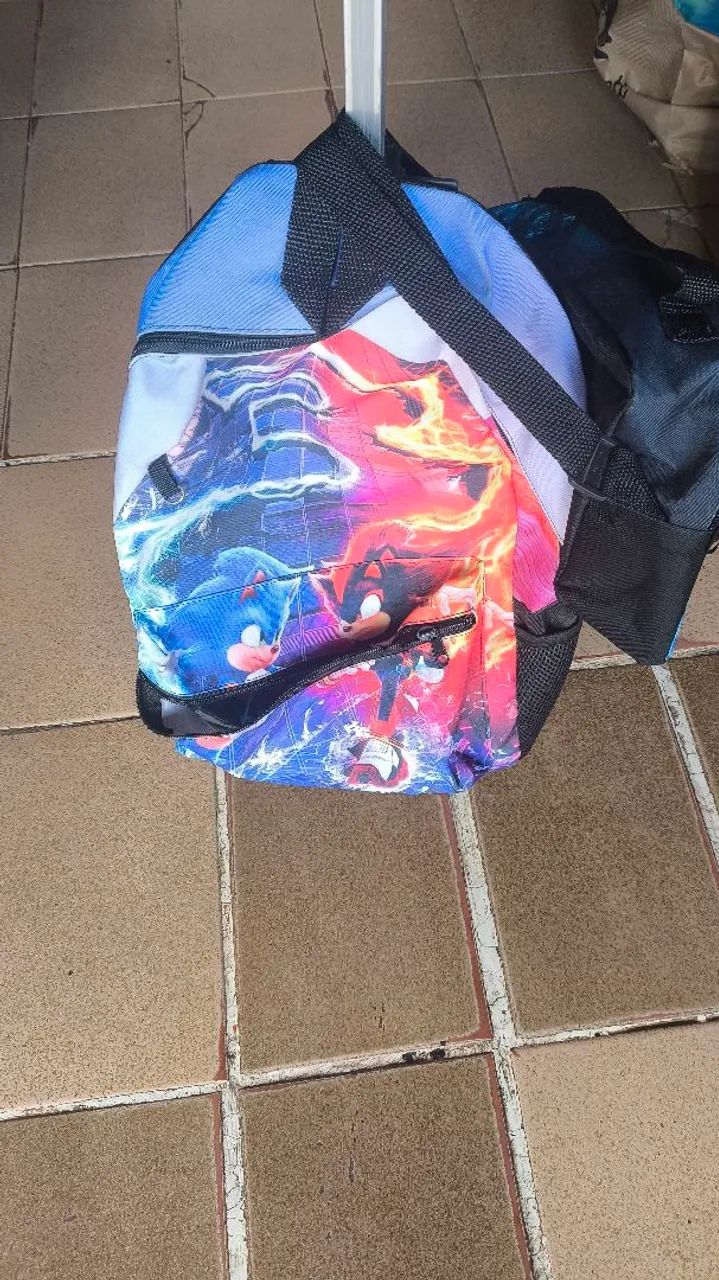 Mochila infantil com rodinhas + lancheira Sonic 