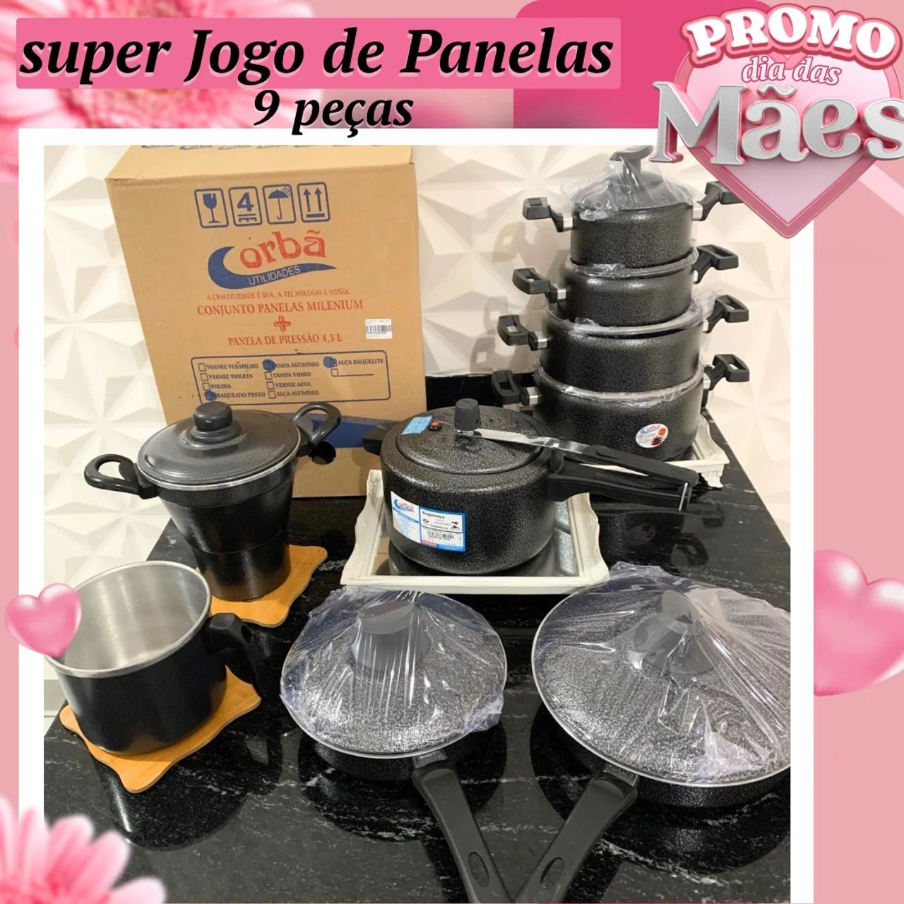 Jogo de Panelas Corbã 9 peças - Promoção Dia das Mães