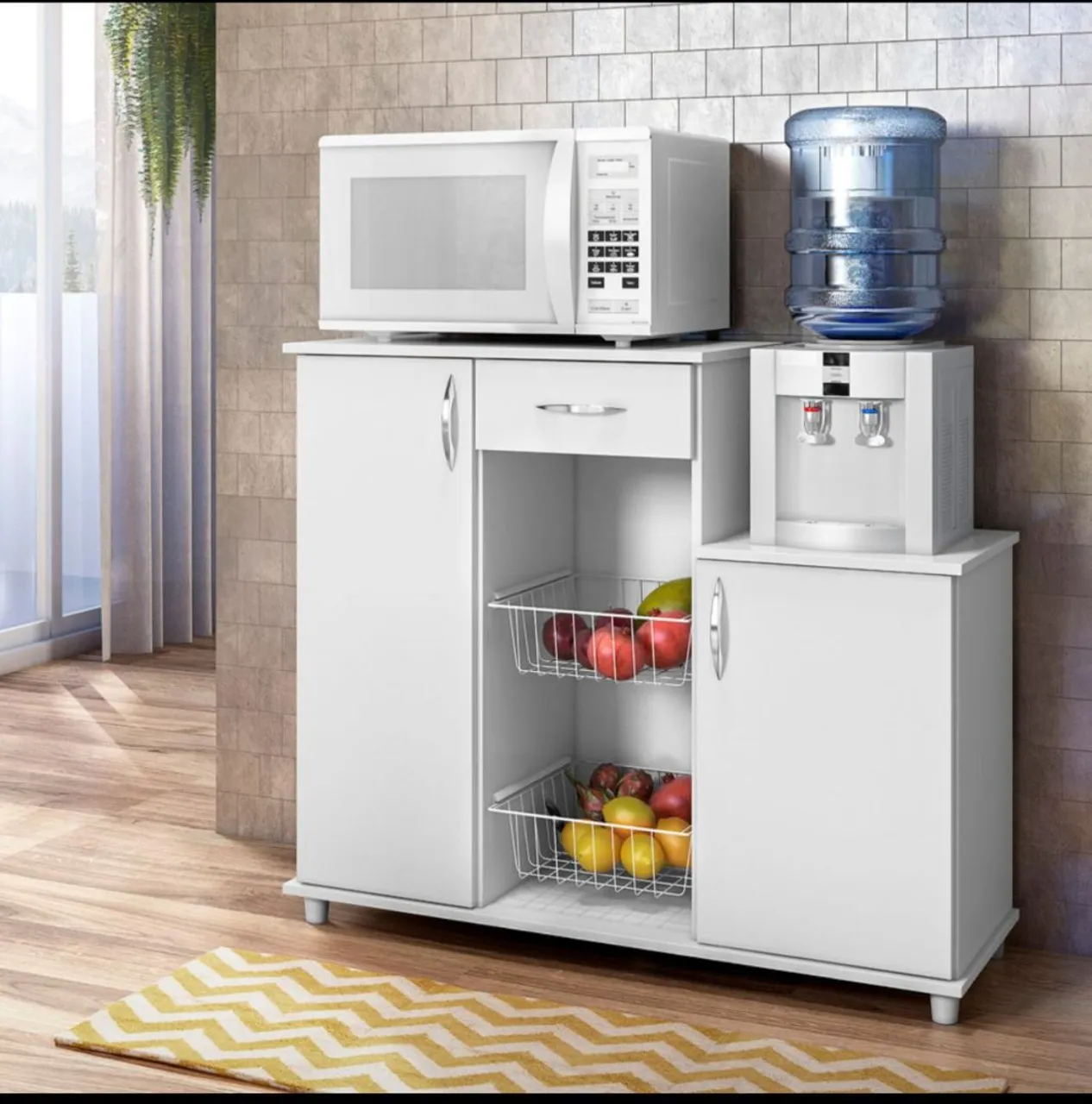 Móvel de cozinha multifuncional com fruteira e espaço para microondas