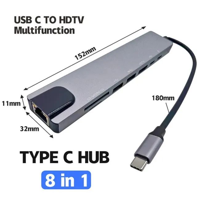 Adaptador Hub USB tipo C para laptop 8 em 1 HDMI 4K LAN leitor SD micro SD - Foto 2
