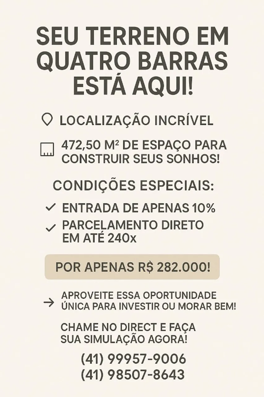 TERRENOS A VENDA EM QUATRO BARRAS PARCELAMENTO DIRETO COM O PROPRIETARIO